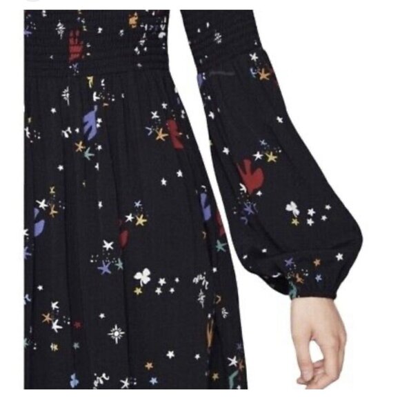 Maje Reskita Star & Swallow Smocked Crepe Whimsigoth Dress Sz 1 Boho Novelty - Picture 3 of 7